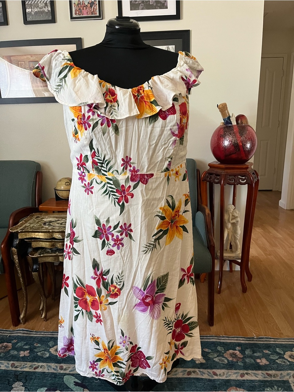 Old Navy White One-Shoulder Floral Midi Dress with Pink and Yellow Blooms